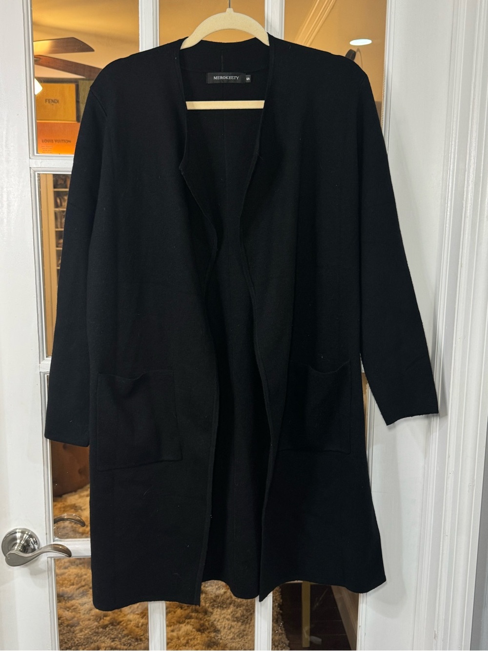 Black Open-Front Long Cardigan with Patch Pockets Slits Cover up, sweater - Picture 4 of 12